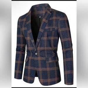 SHEIN Men's Check Plaid Single Button Blazer Navy Blue & Orange  Size - L NWOT